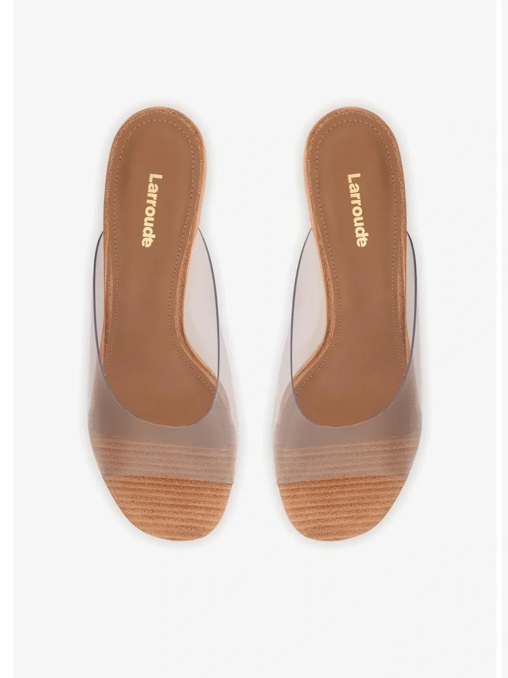 Larroude Clear Vinyl Wedge Mule with Tan Wood-Effect Heel